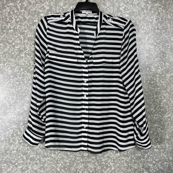 Larsen Gray Women's Semi-Sheer Black & White Striped Button Up Top - Size Medium - Picture 1 of 6